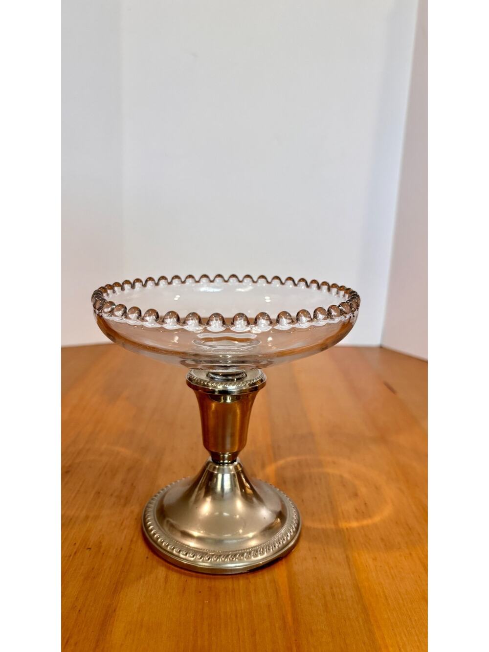 Vintage Imperial Glass Candlewick Compote Silver Tone Pedestal Bowl 6"